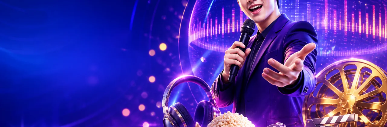 Banner xu hướng giải trí Kubet với ánh sáng xanh tím và nhân vật dẫn tin