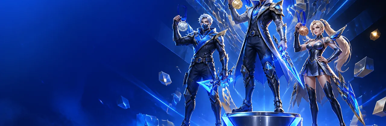 Banner bảng xếp hạng với podium, huy chương và chiến binh game
